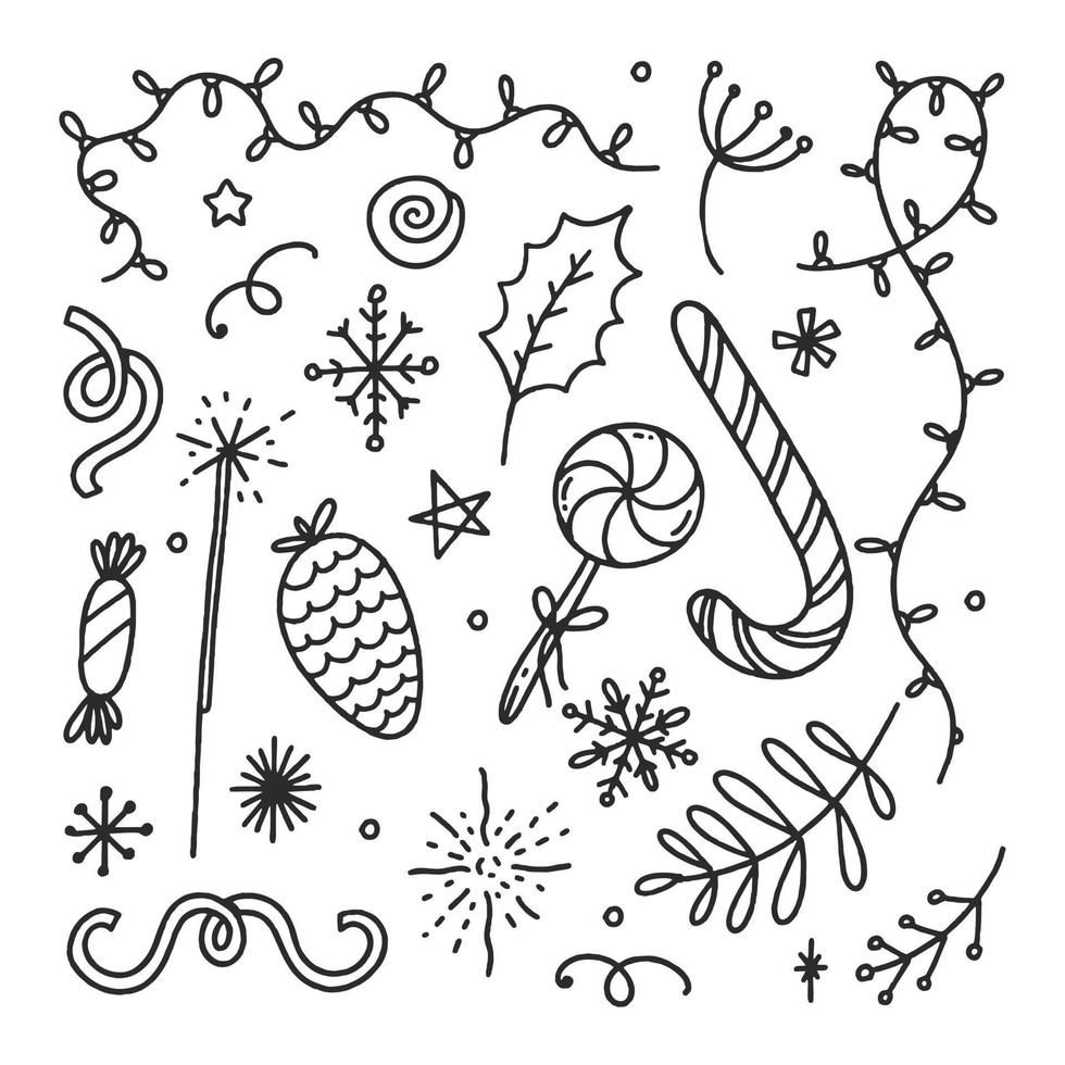 Set of Christmas attributes Twigs Cones Garland Vector Illustration Doodle Isolated on White Background Christmas Concept