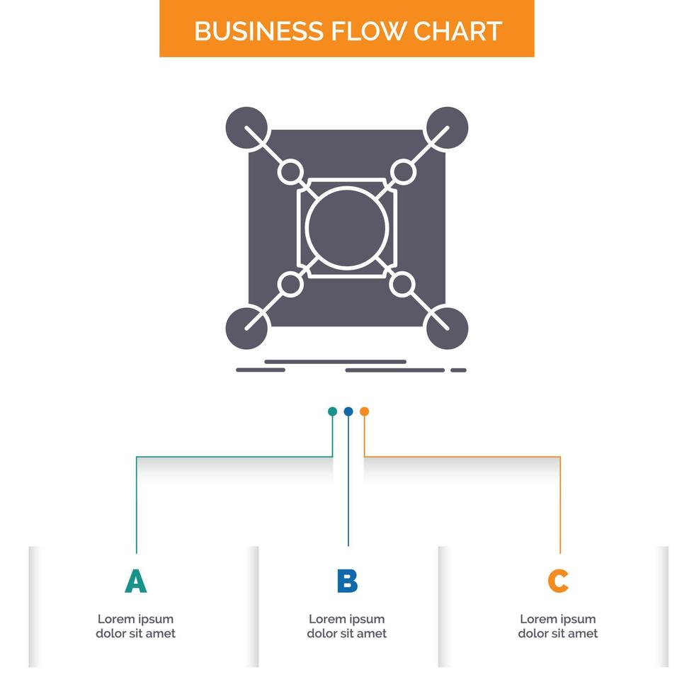 base. centro. conexión. datos. diseño de diagrama de flujo de negocio central con 3 pasos. icono de glifo para el lugar de plantilla de fondo de presentación para texto. vector