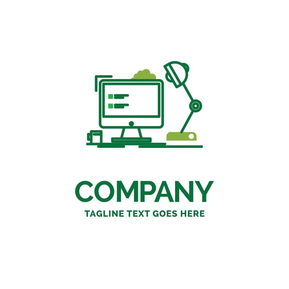 workplace. workstation. office. lamp. computer Flat Business Logo template. Creative Green Brand Name Design. vector