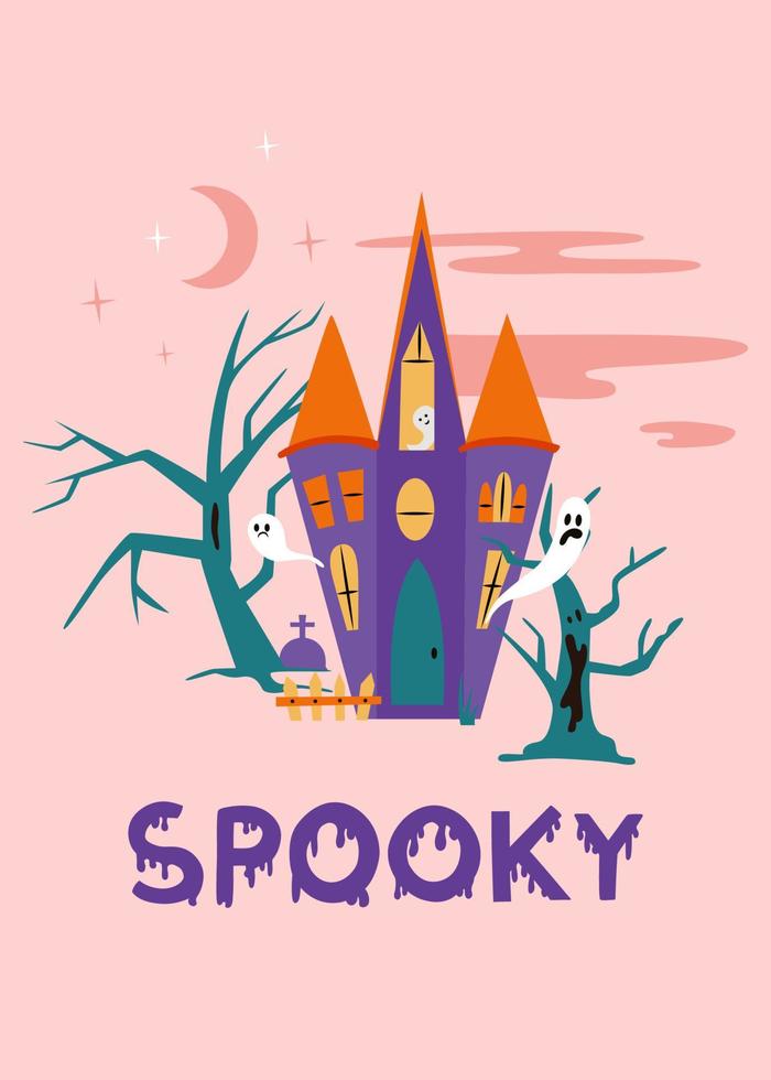 Ilustración de vector lindo de Halloween con letras espeluznantes. casa embrujada y árboles espeluznantes, fantasmas y luna para el diseño de tarjetas