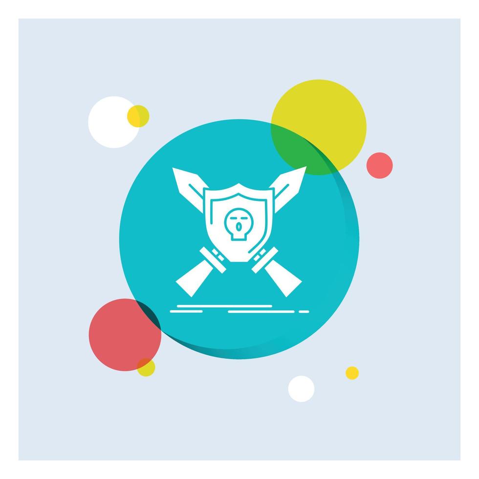 Badge. emblem. game. shield. swords White Glyph Icon colorful Circle Background vector