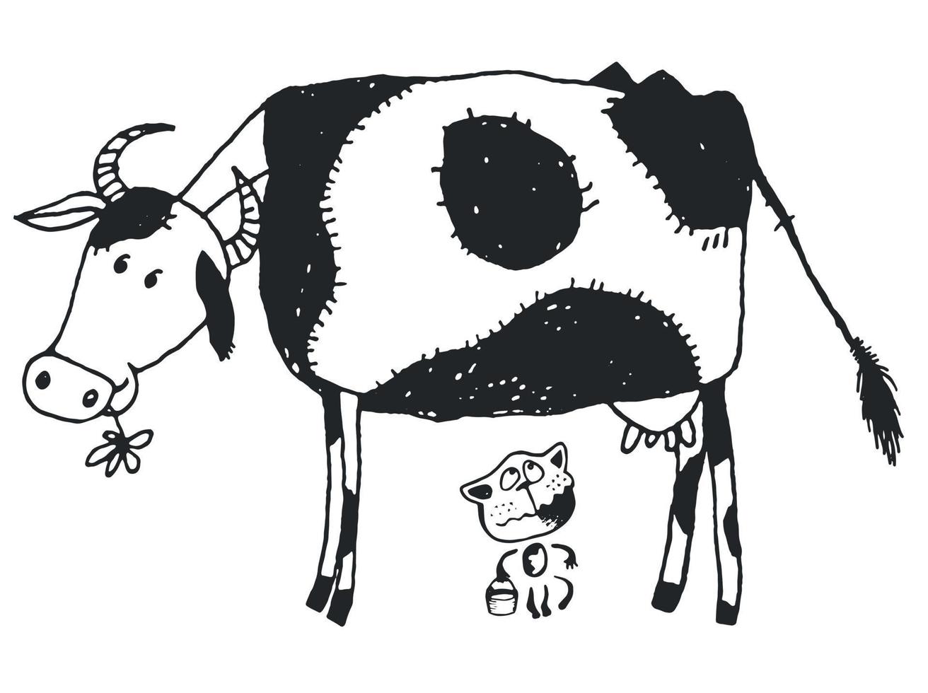 dibujo de una vaca en un prado y un gatito que quiere leche. vector