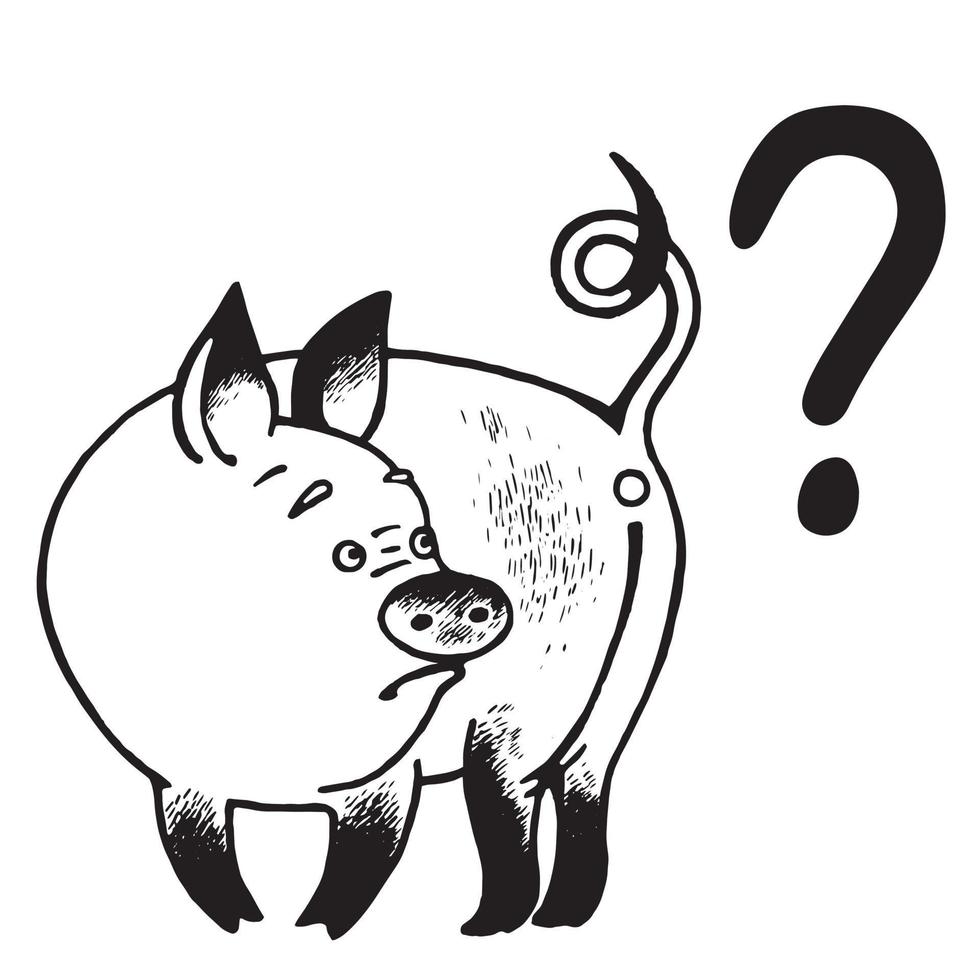 Drawing of a pig with a question about the meaning of its life. vector