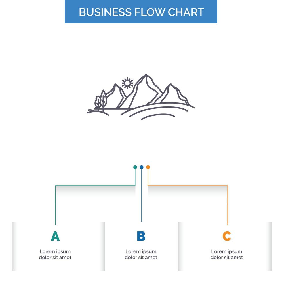 hill. landscape. nature. mountain. sun Business Flow Chart Design with 3 Steps. Line Icon For Presentation Background Template Place for text vector