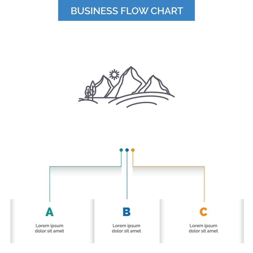 Cerro. paisaje. naturaleza. montaña. diseño de diagrama de flujo de negocios de sol con 3 pasos. icono de línea para el lugar de plantilla de fondo de presentación para texto vector