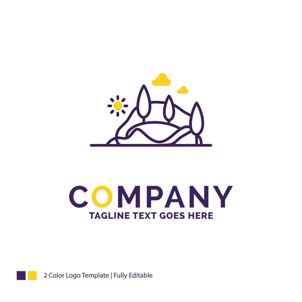 Company Name Logo Design For . hill. landscape. nature. mountain. tree. Purple and yellow Brand Name Design with place for Tagline. Creative Logo template for Small and Large Business. vector