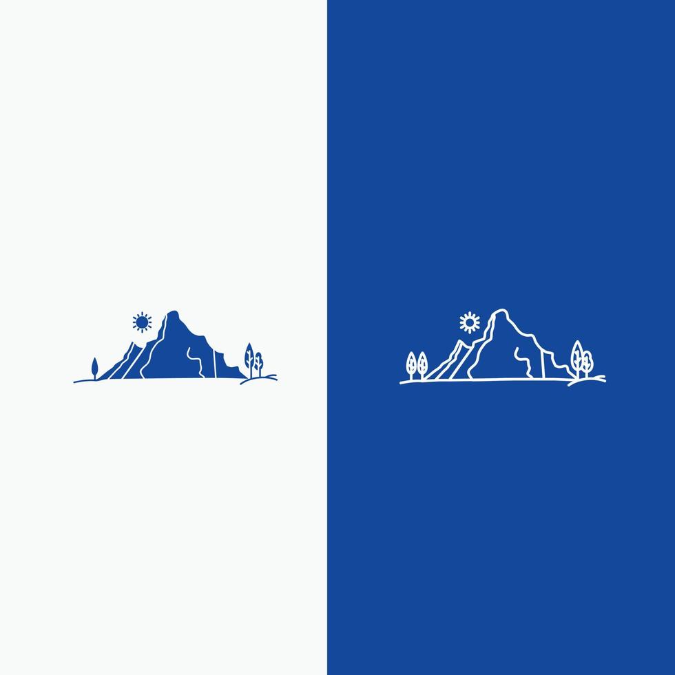 montaña. paisaje. Cerro. naturaleza. línea de árbol y botón web de glifo en banner vertical de color azul para ui y ux. sitio web o aplicación móvil vector