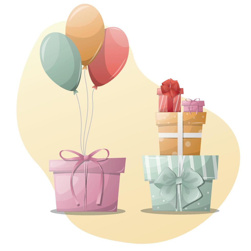 cajas de regalo de feliz cumpleaños con globos, cajas de regalo con lazos vector