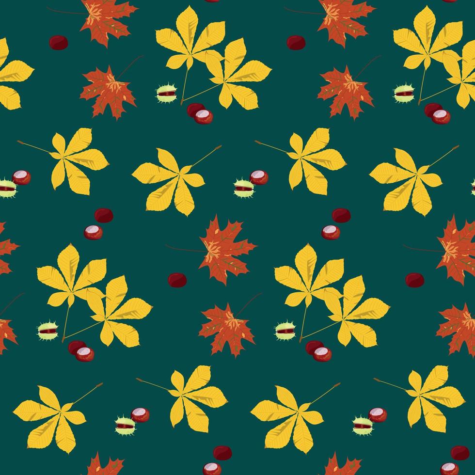 Seamless autumn pattern with maple and chestnut leaves and plants vector