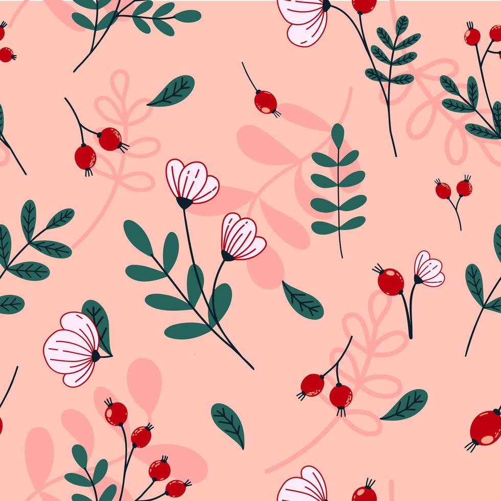 Seamless pattern with flowers, berries, leaves and stems on a pink background vector