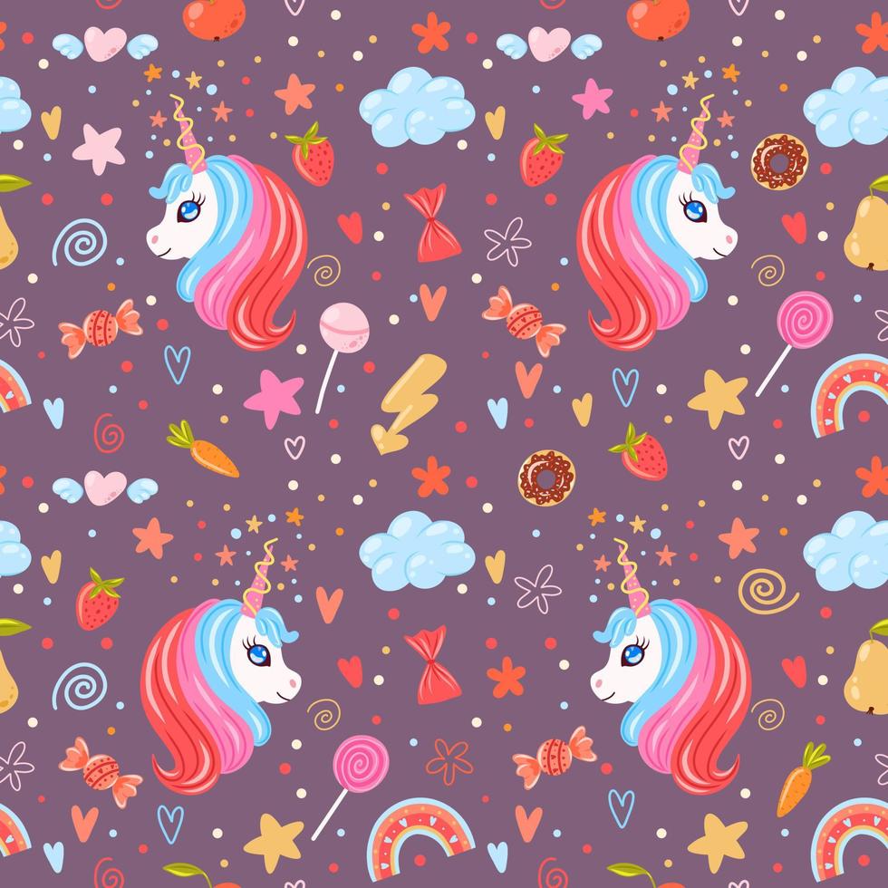 lindo unicornio cabezas de patrones sin fisuras con estrellas, arco iris, dulces, zanahorias, nubes y corazones. buen patrón para envolver papel y ropa para niños. vector