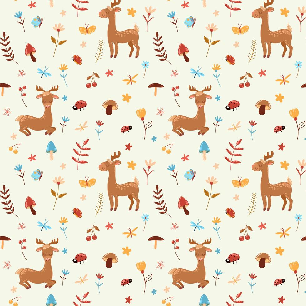 Vector seamless pattern with cartoon deers, autumn leaves, mushrooms, flowers and berries on a beige background