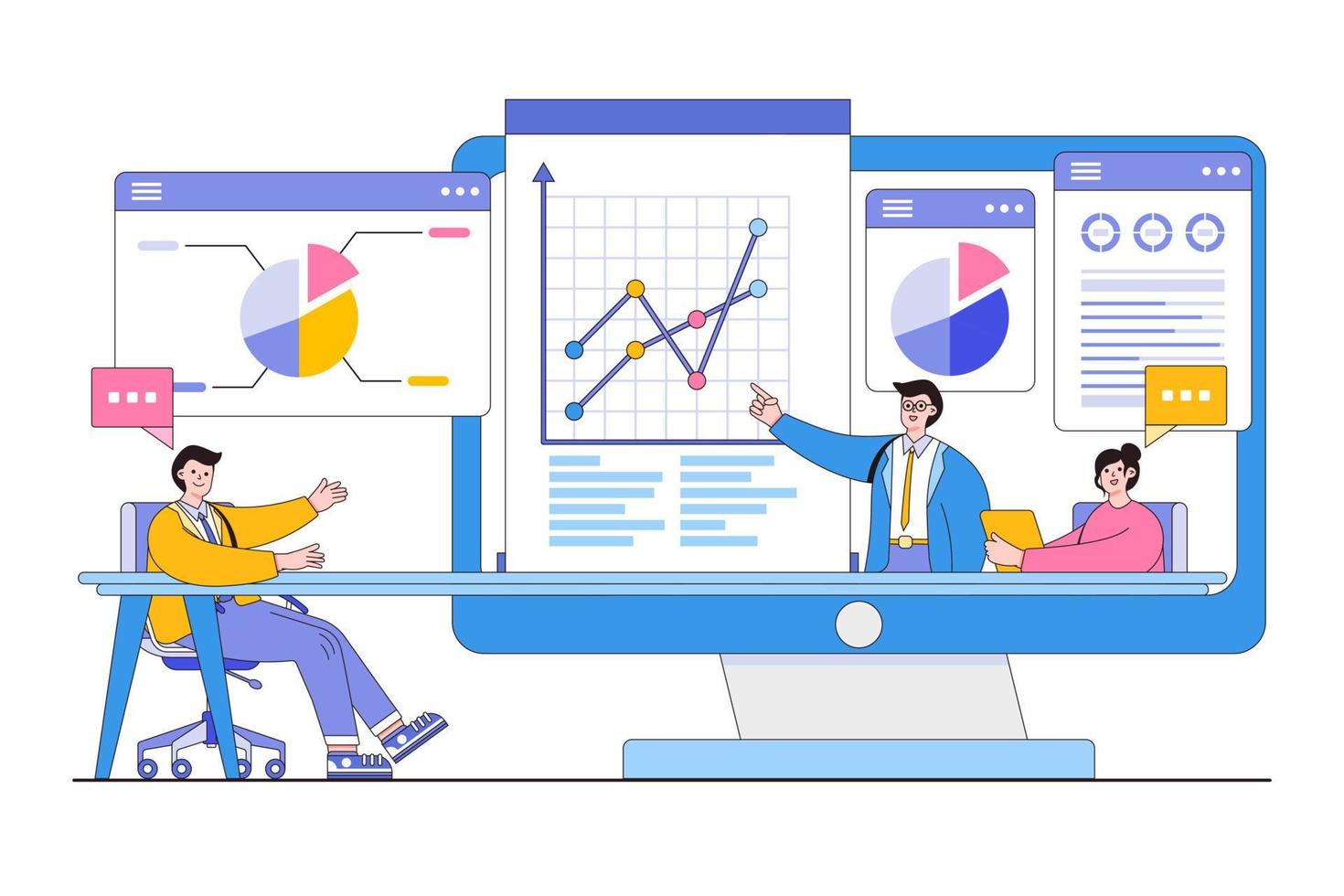 Flat group business team video conference meeting online and brainstorming concept. Outline design style minimal vector illustration