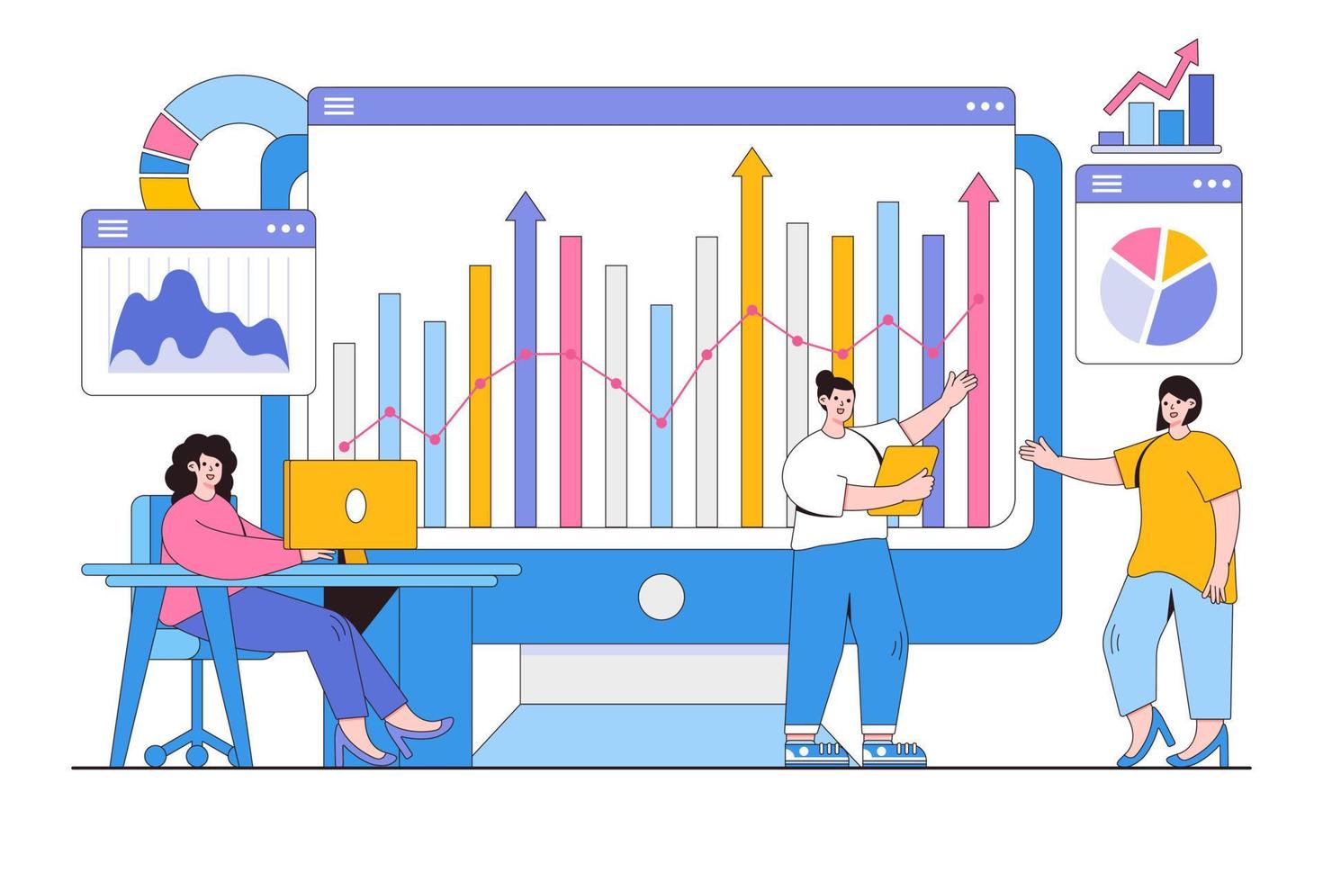 Flat business team monitoring and analyst web report dashboard concept. Outline design style minimal vector illustration