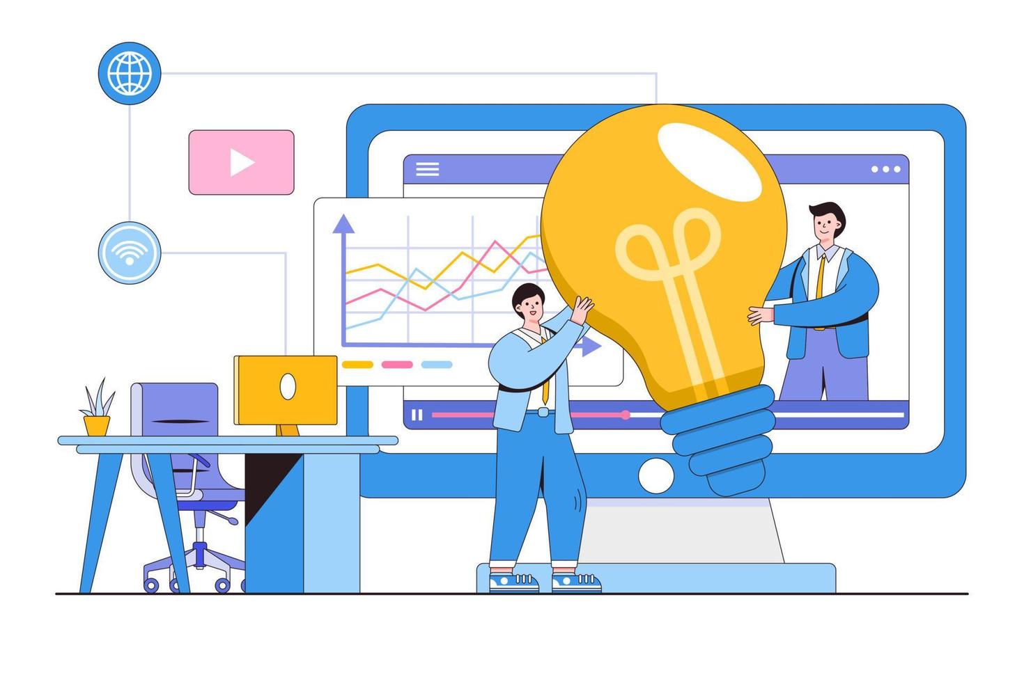 Flat e-learning online education or business webinar with computer concept. Outline design style minimal vector illustration