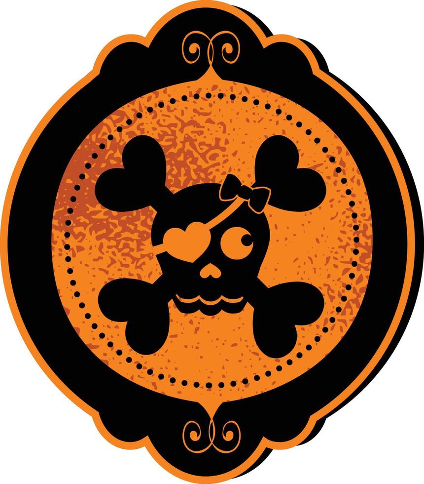 lindo camafeo de calavera de Halloween con un parche en el ojo con forma de corazón en colores neón. vector