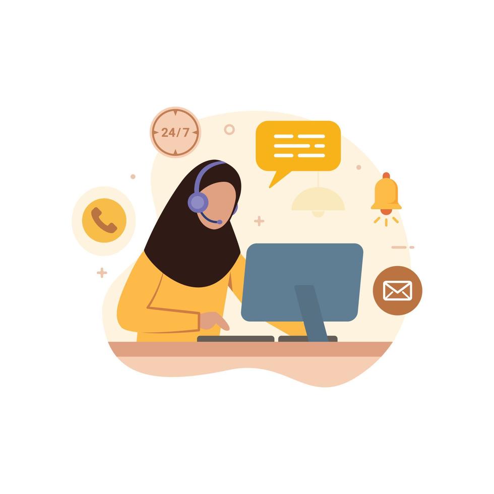 ilustración de vector de hijab de centro de llamadas de servicio al cliente