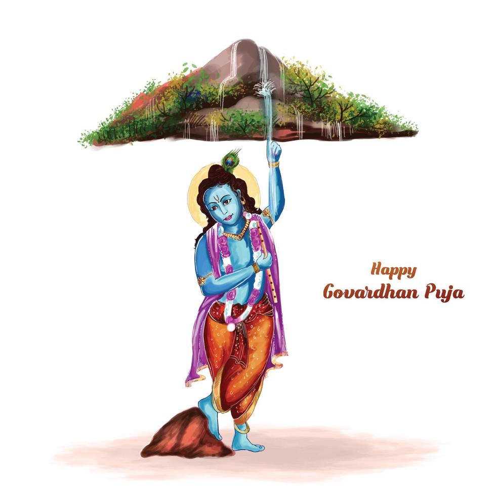 Govardhan puja with lord krishna greeting card design vector