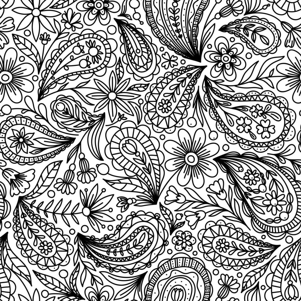 WHITE VECTOR SEAMLESS BACKGROUND WITH BLACK PAISLEY CONTOUR PATTERN