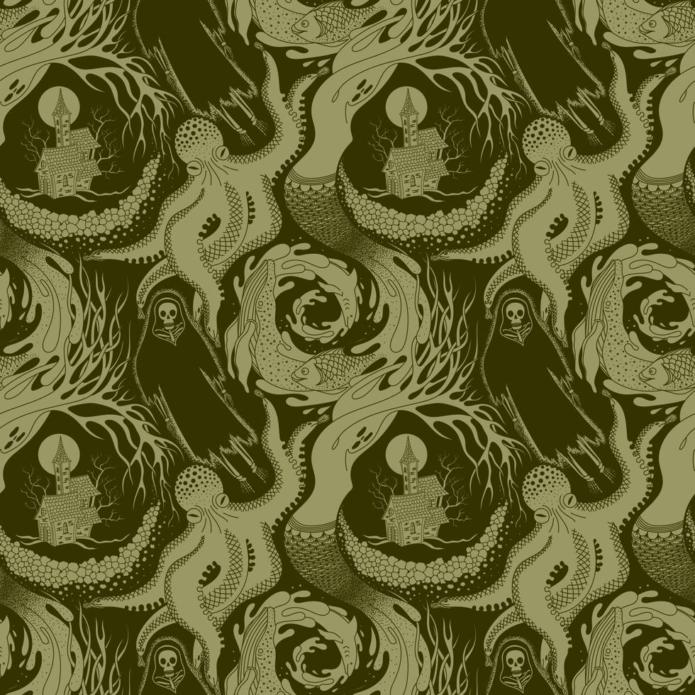 OLIVE VECTOR SEAMLESS PATTERN WITH DIFFERENT PHANTASMAGORIC SCARY CREATURES OF THE ANIMAL AND AQUATIC WORLD