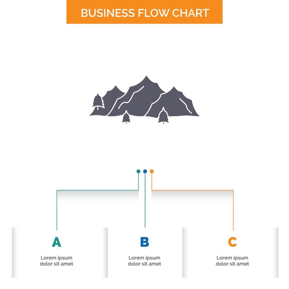 mountain. landscape. hill. nature. tree Business Flow Chart Design with 3 Steps. Glyph Icon For Presentation Background Template Place for text. vector