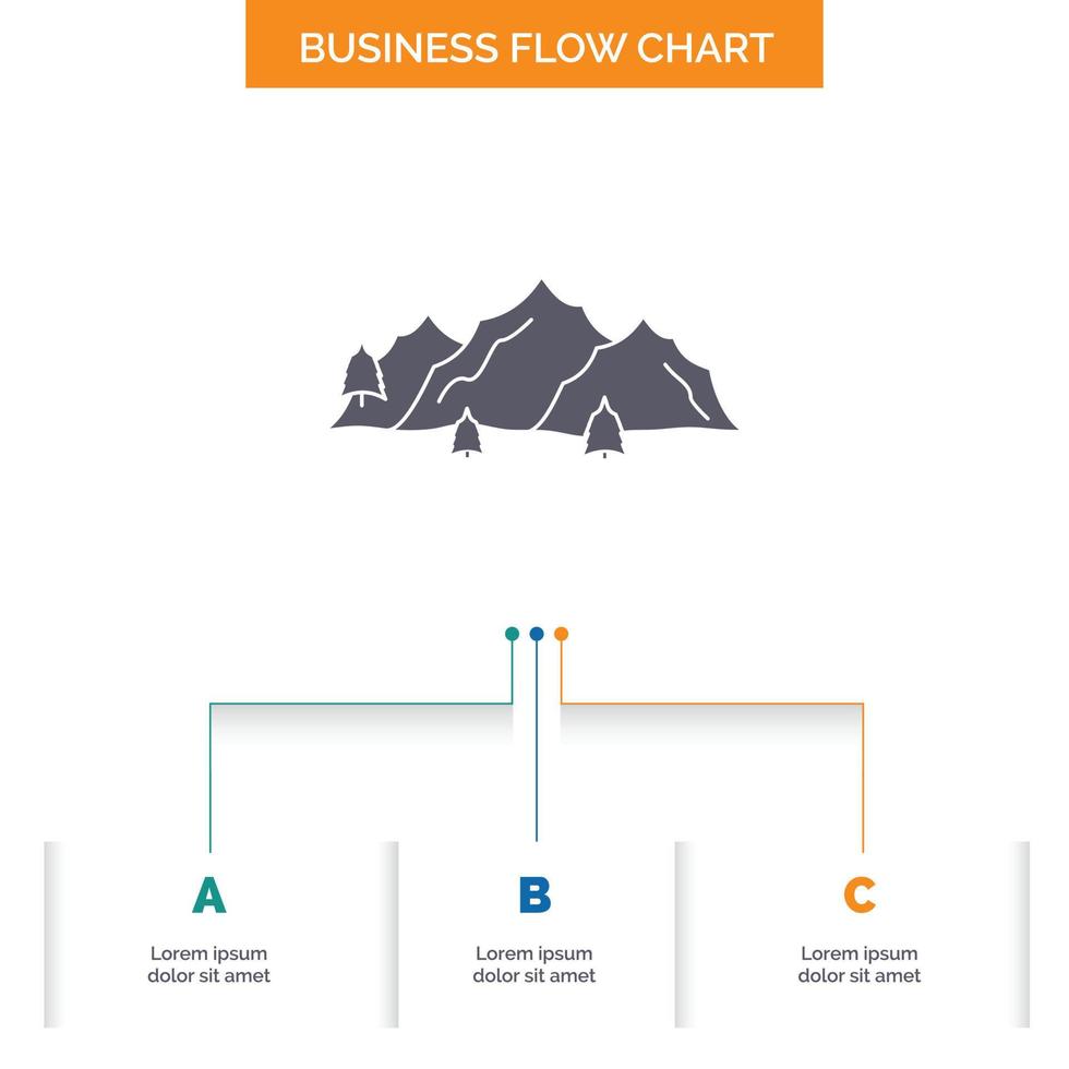 montaña. paisaje. Cerro. naturaleza. diseño de diagrama de flujo de negocio de árbol con 3 pasos. icono de glifo para el lugar de plantilla de fondo de presentación para texto. vector