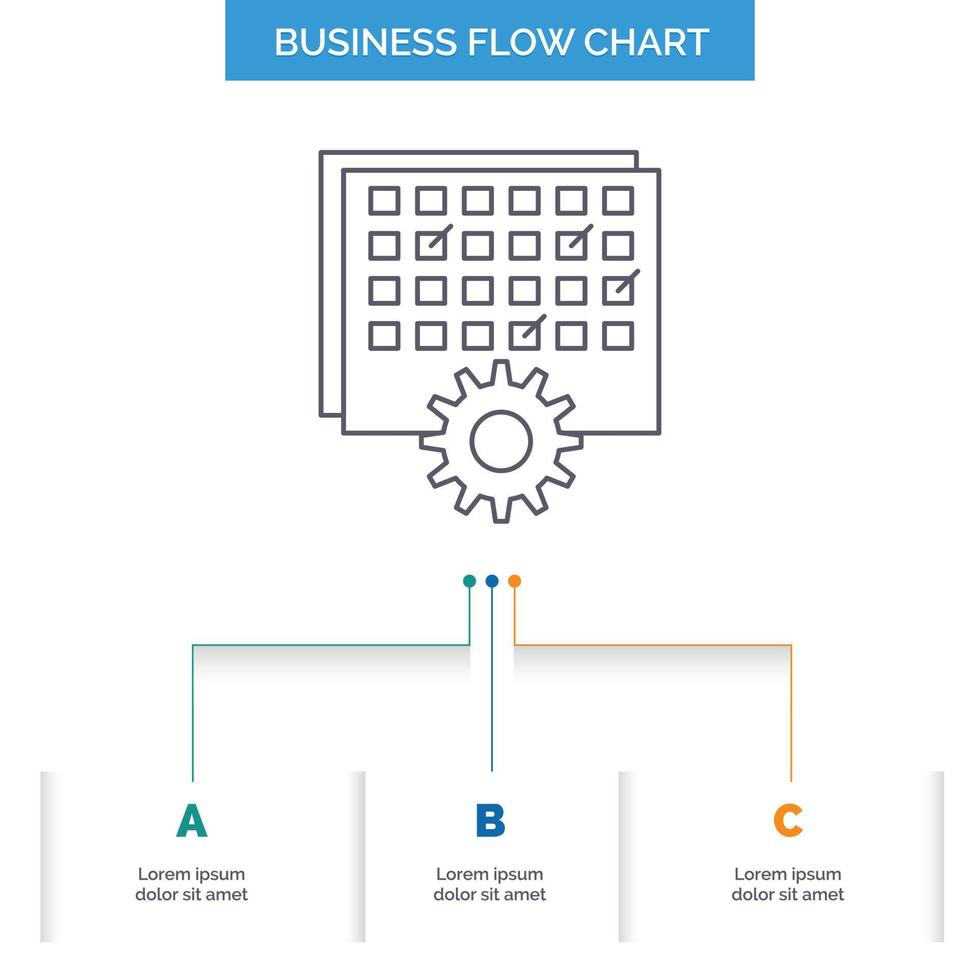 Event. management. processing. schedule. timing Business Flow Chart Design with 3 Steps. Line Icon For Presentation Background Template Place for text vector