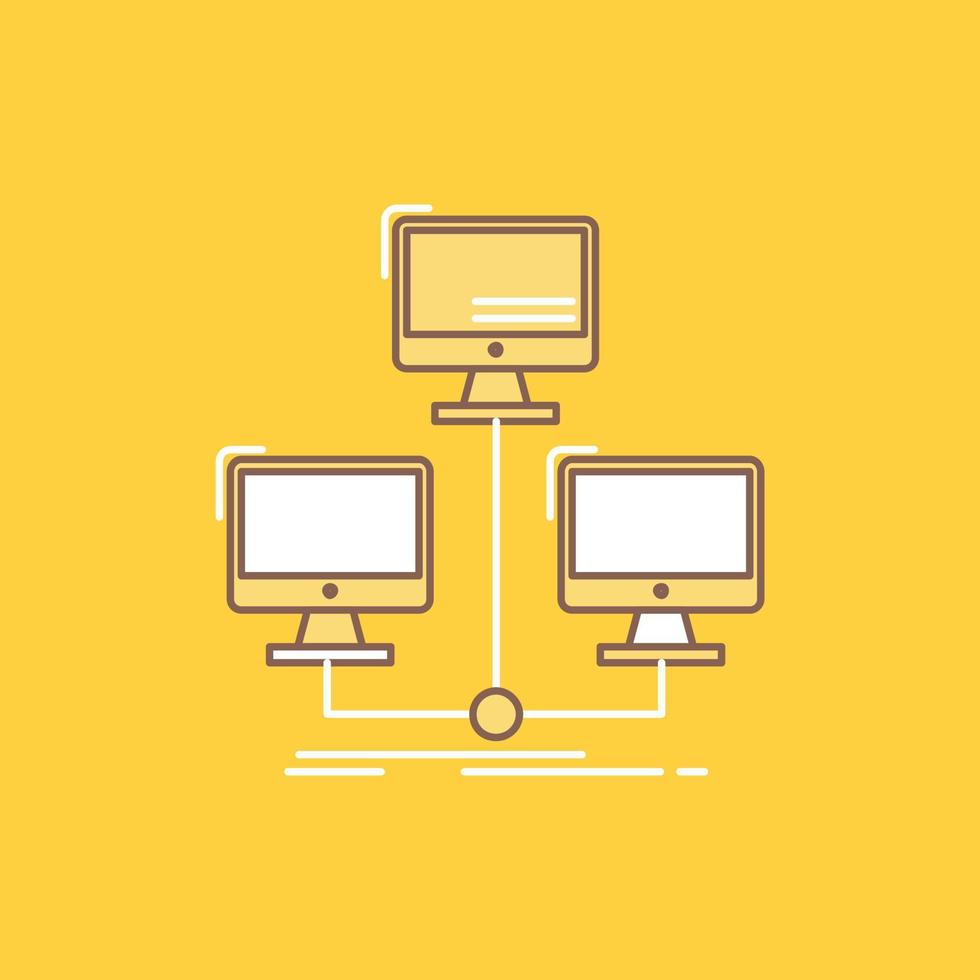 database. distributed. connection. network. computer Flat Line Filled Icon. Beautiful Logo button over yellow background for UI and UX. website or mobile application vector