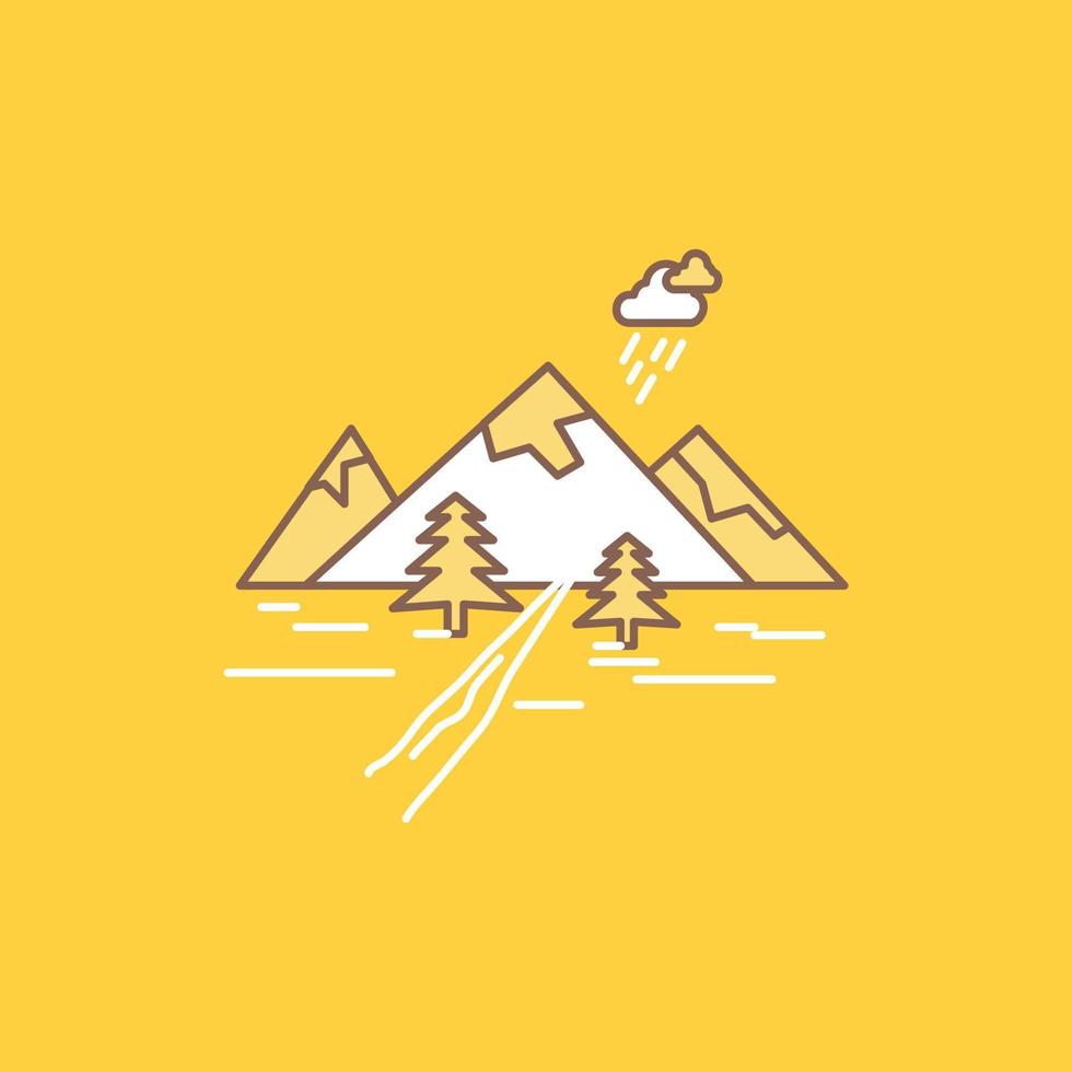 rocas Cerro. paisaje. naturaleza. icono lleno de línea plana de montaña. hermoso botón de logotipo sobre fondo amarillo para ui y ux. sitio web o aplicación móvil vector