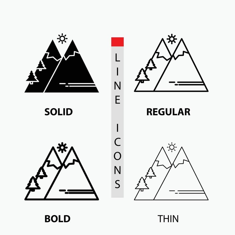 Mountains. Nature. Outdoor. Sun. Hiking Icon in Thin. Regular. Bold Line and Glyph Style. Vector illustration