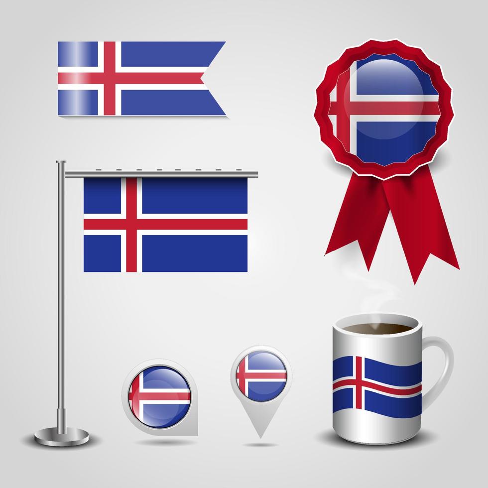 Lugar de la bandera del país de islandia en el pin del mapa. poste de acero y banner de insignia de cinta vector