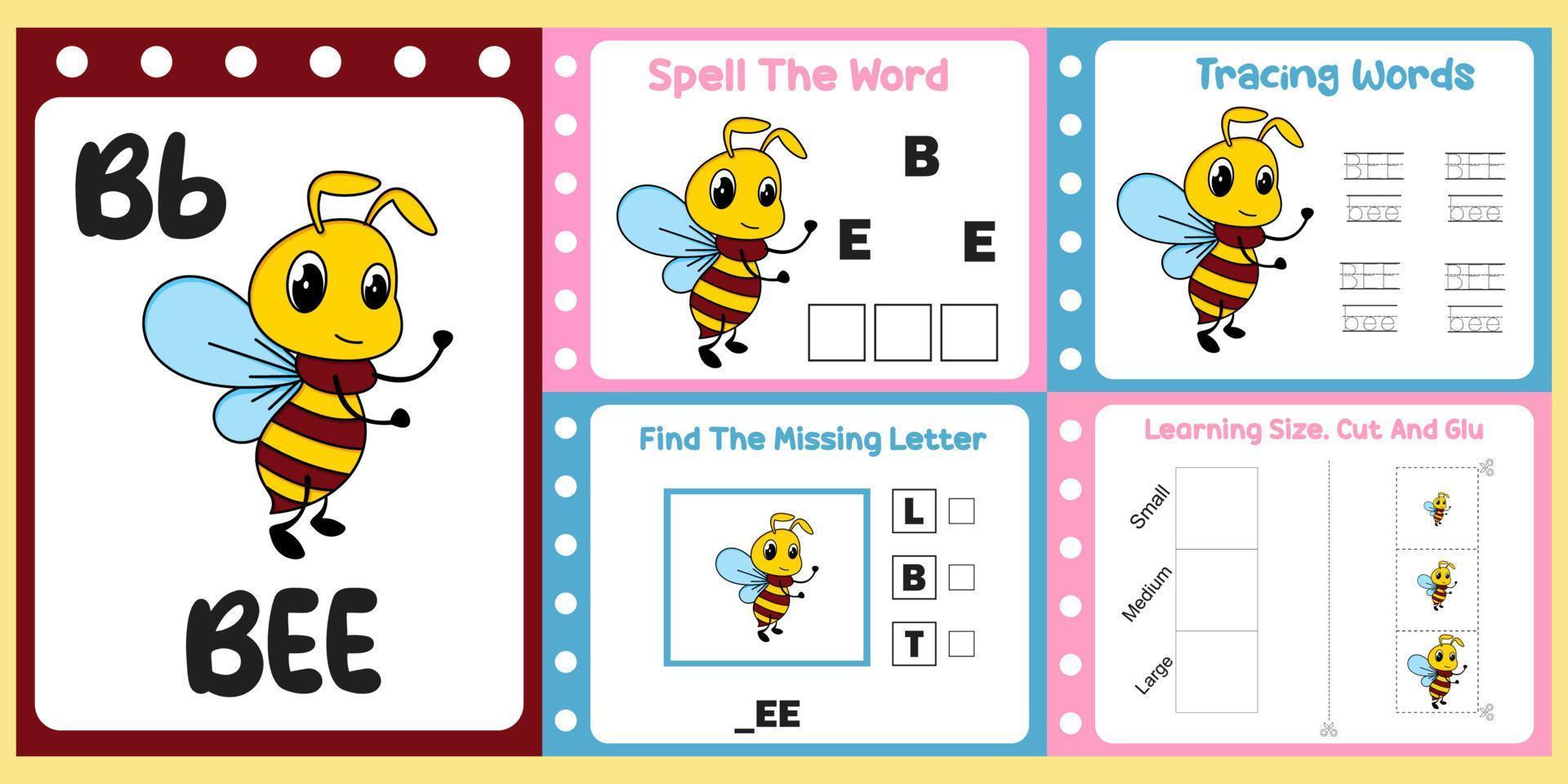 worksheets pack for kids with bee vector. children's study book vector