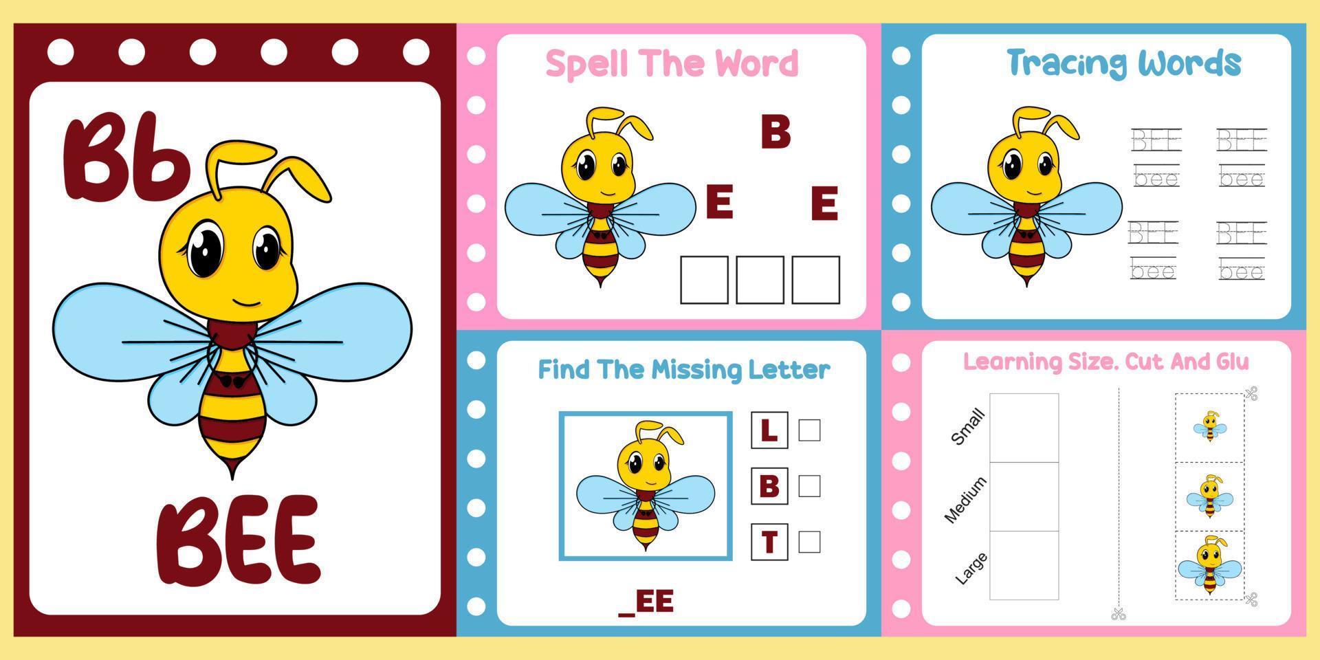 worksheets pack for kids with bee vector. children's study book vector