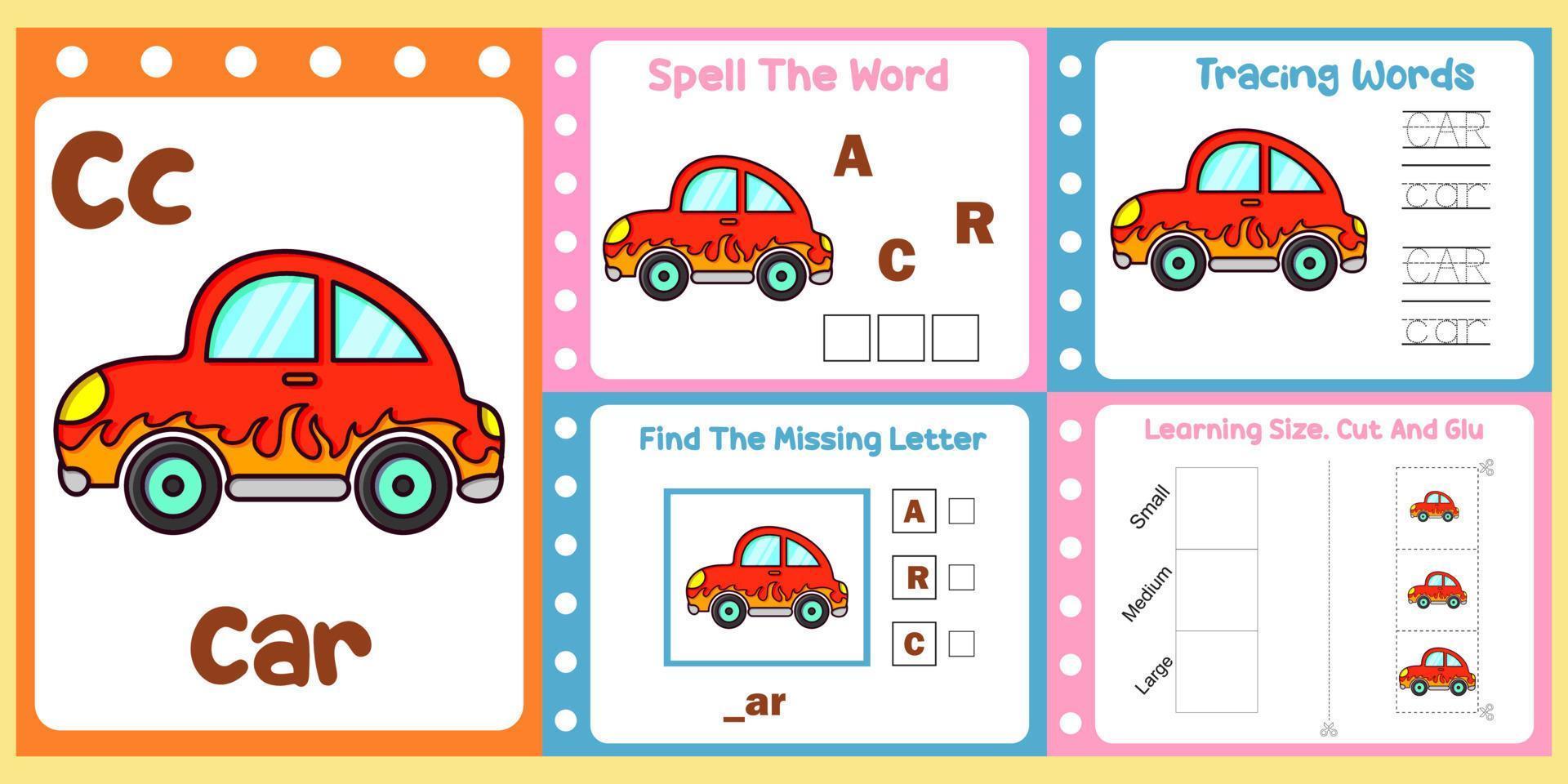 worksheets pack for kids with car vector. children's study book vector