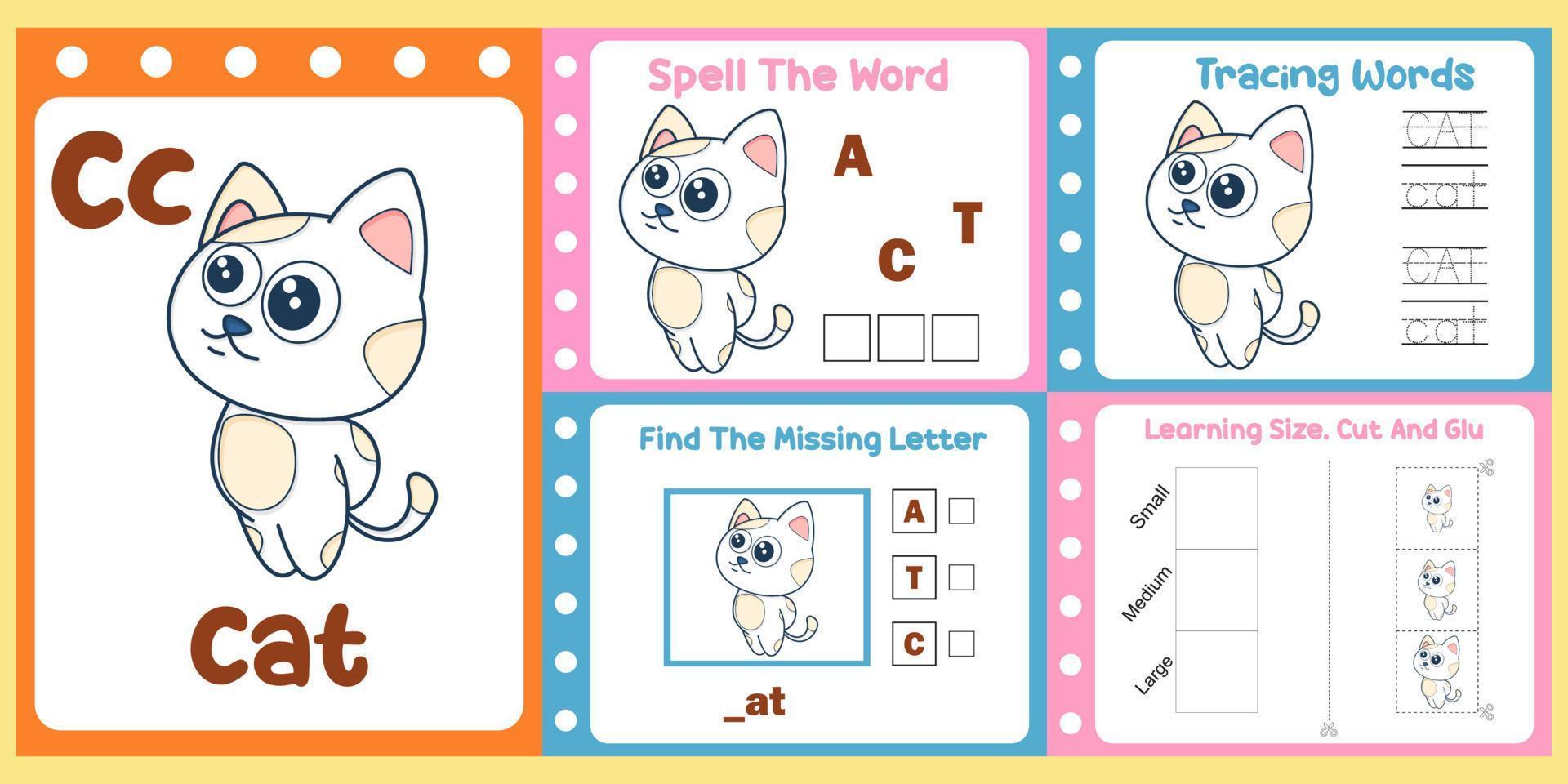 worksheets pack for kids with cat vector. children's study book vector