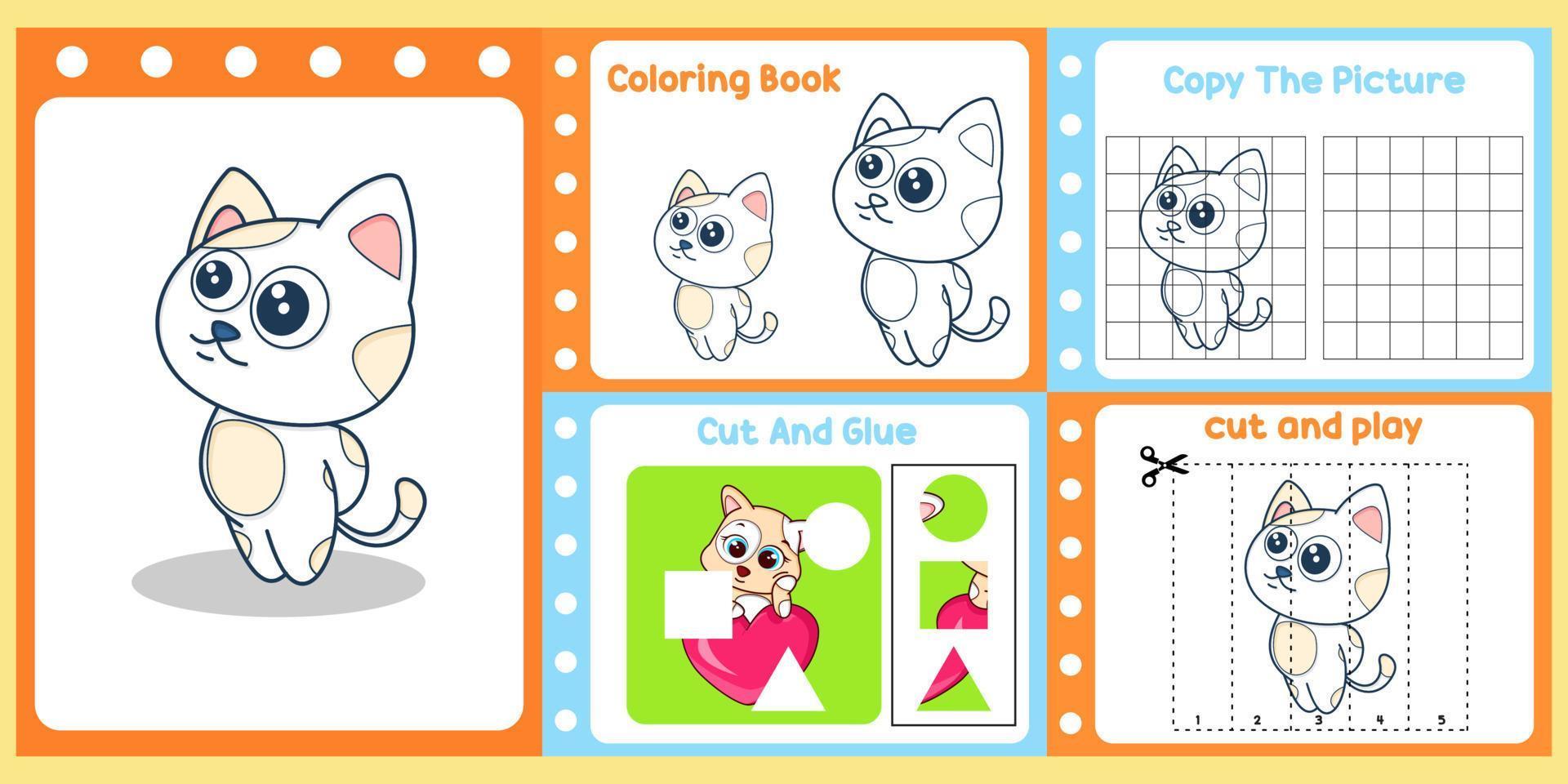 paquete de hojas de trabajo para niños con vector de gato. libro de estudio para niños