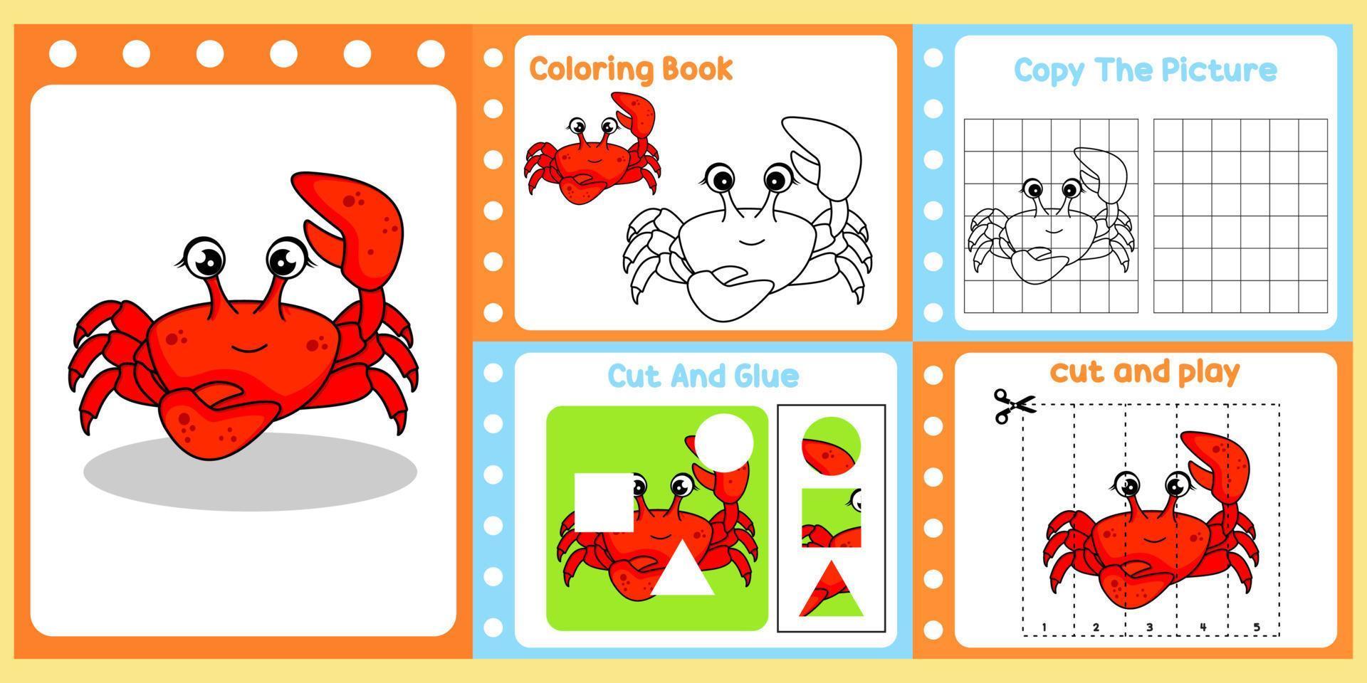 worksheets pack for kids with crab vector. children's study book vector