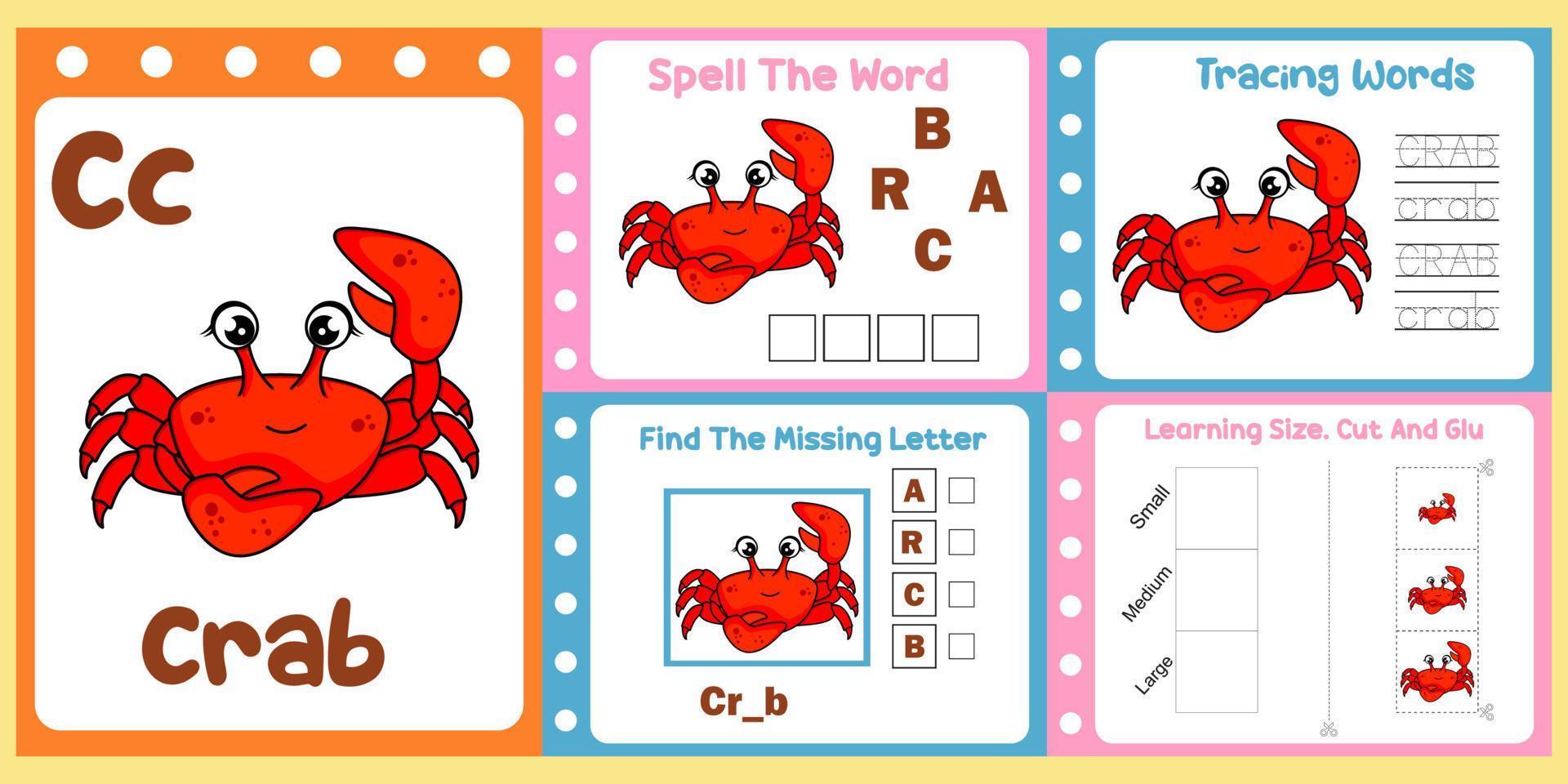 worksheets pack for kids with crab vector. children's study book vector