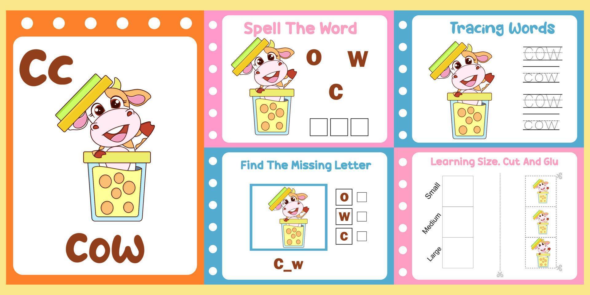 worksheets pack for kids with cow vector. children's study book vector