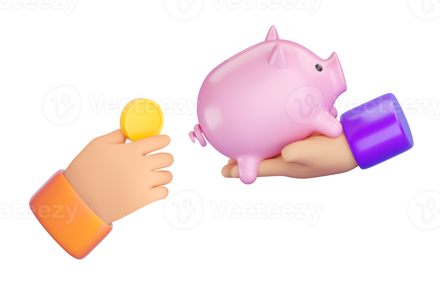 Menschliche Hand 3d, die Sparschwein hält und Geld hineinlegt png