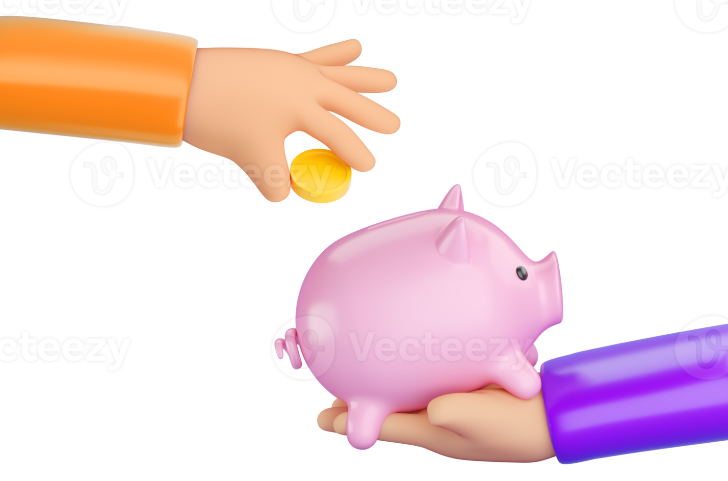 Menschliche Hand 3d, die Sparschwein hält und Geld hineinlegt png