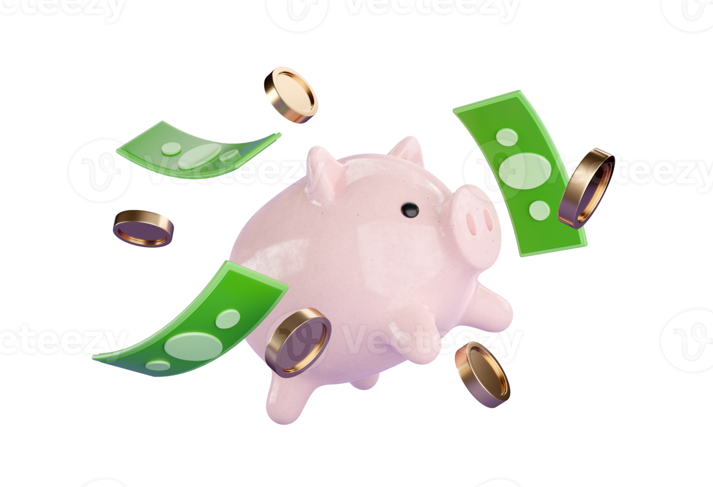 Sparschwein 3d mit fallender Goldmünze und grünem Bargeld. png