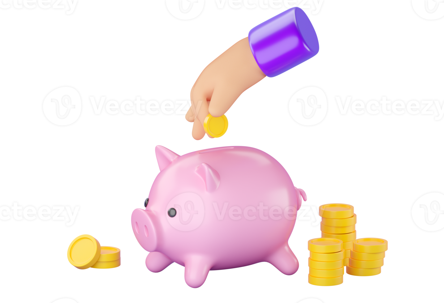 3d human hand putting coin in Piggy bank. png