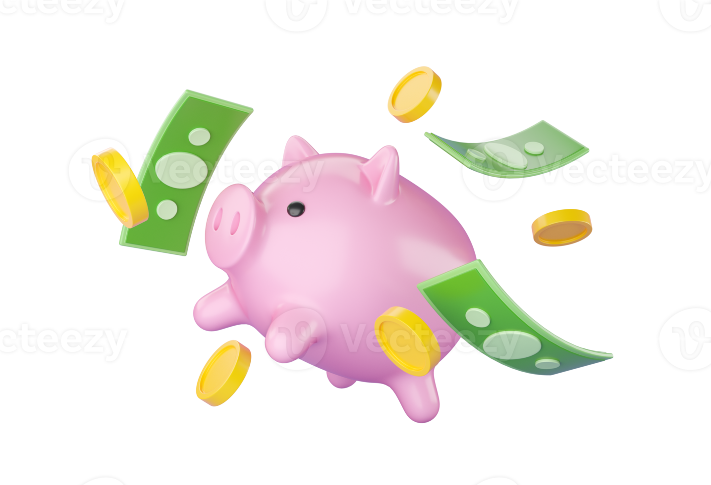 3d Piggy bank with falling gold coin and green cash money. png