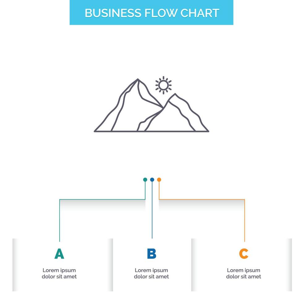 Cerro. paisaje. naturaleza. montaña. diseño de diagrama de flujo de negocios de escena con 3 pasos. icono de línea para el lugar de plantilla de fondo de presentación para texto vector