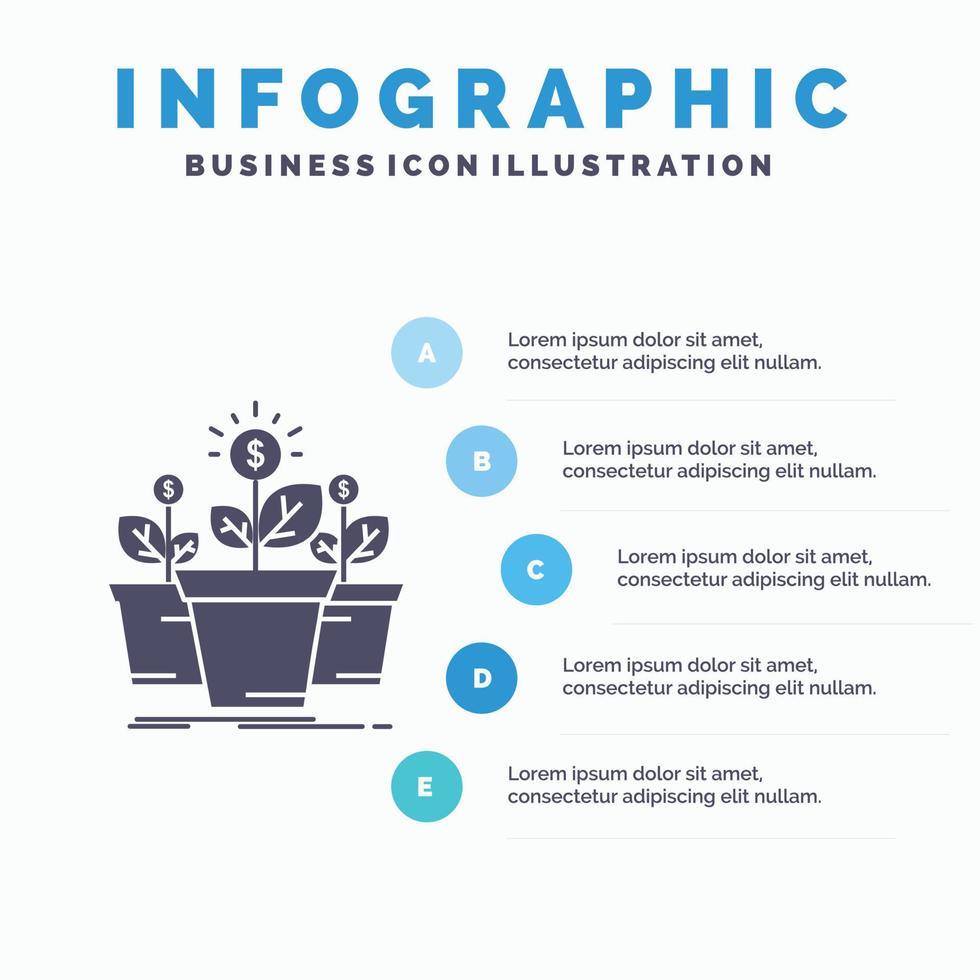 crecimiento. dinero. planta. maceta. plantilla de infografía de árbol para sitio web y presentación. icono de glifo gris con ilustración de vector de estilo infográfico azul.