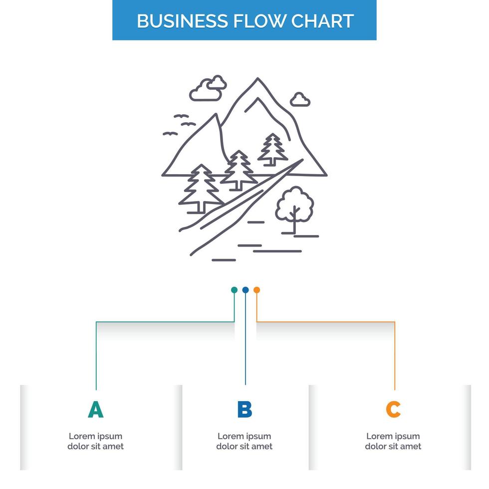 rocks. tree. hill. mountain. nature Business Flow Chart Design with 3 Steps. Line Icon For Presentation Background Template Place for text vector