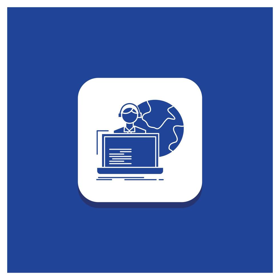 Blue Round Button for outsource. outsourcing. allocation. human. online Glyph icon vector