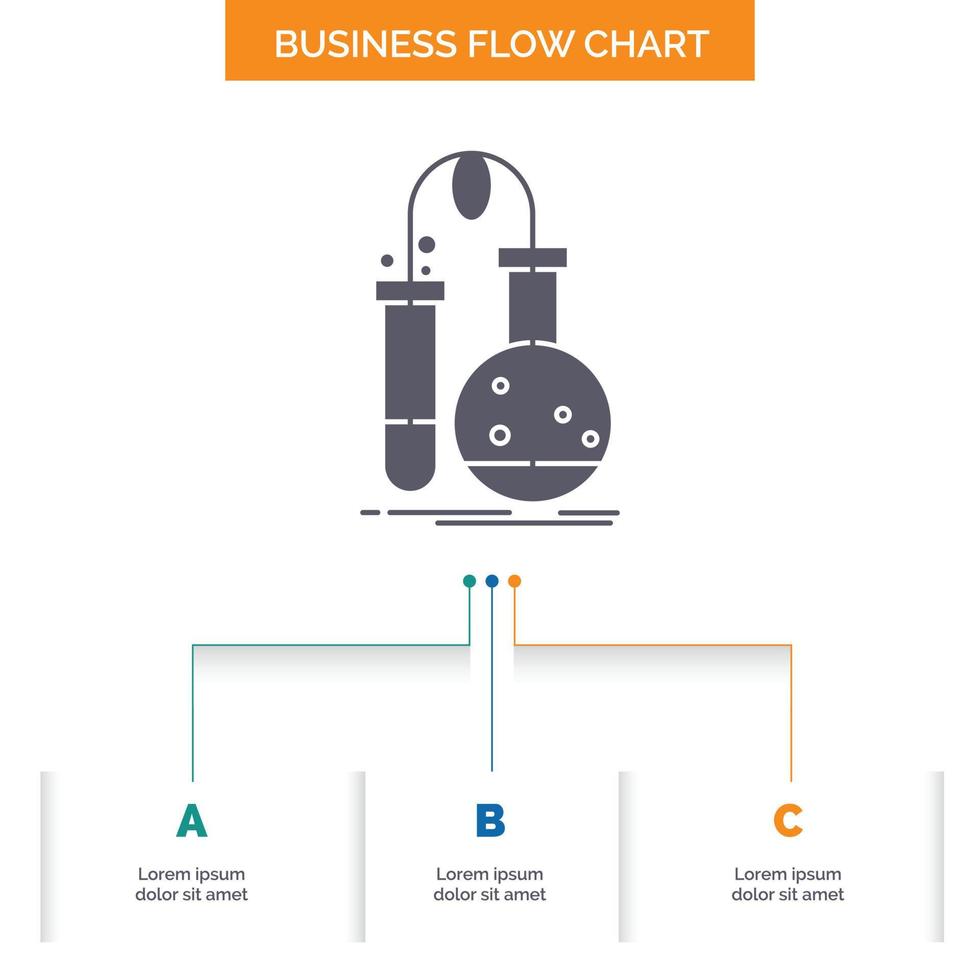 Testing. Chemistry. flask. lab. science Business Flow Chart Design with 3 Steps. Glyph Icon For Presentation Background Template Place for text. vector