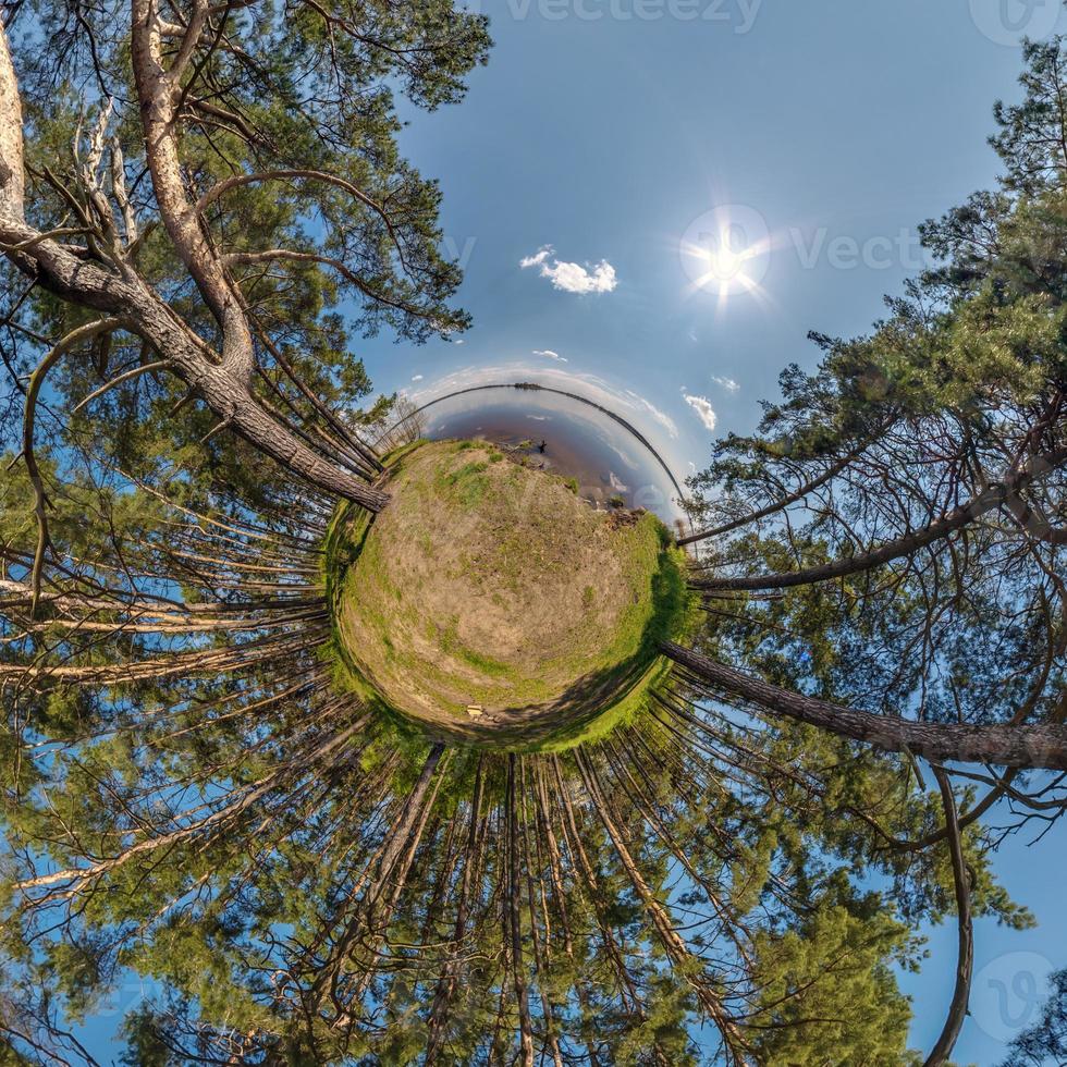 Little planet transformation of spherical panorama 360 degrees. Spherical abstract aerial view in forest. Curvature of space. photo